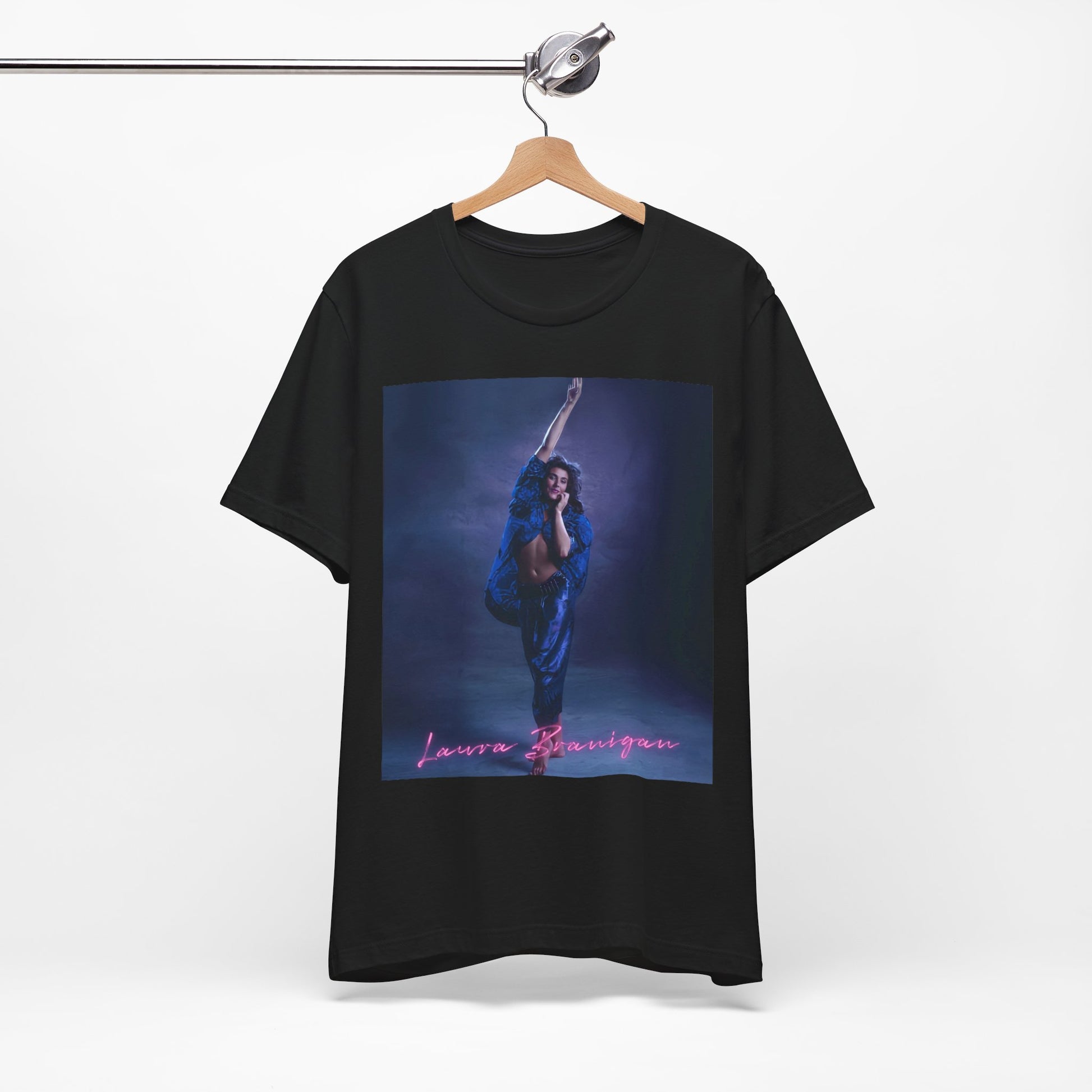 A black graphic t-shirt featuring an 80s synth pop aesthetic graphic of Laura Branigan.