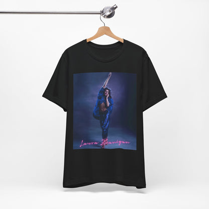 A black graphic t-shirt featuring an 80s synth pop aesthetic graphic of Laura Branigan.
