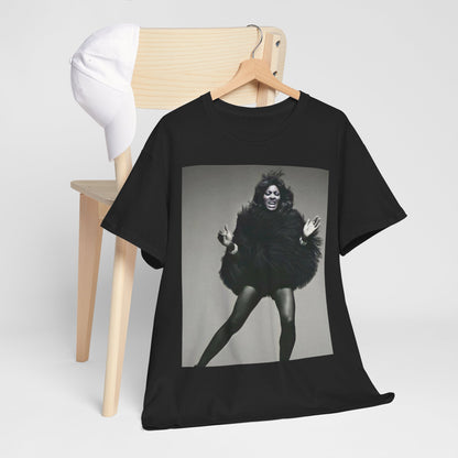 A black graphic t-shirt featuring a black and white portrait photo of Tina Turner.
