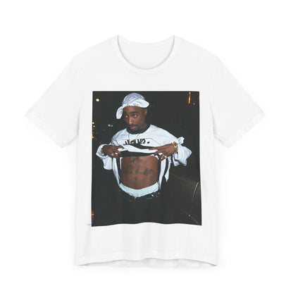 A black graphic t-shirt featuring a graphic of Tupac Shakur (2Pac).