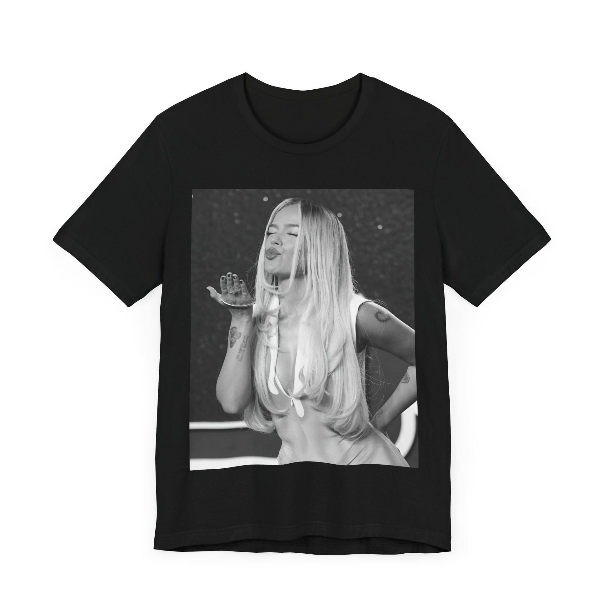 A black graphic t-shirt featuring a graphic of Karol G with a 'La Bichota Kiss' theme.