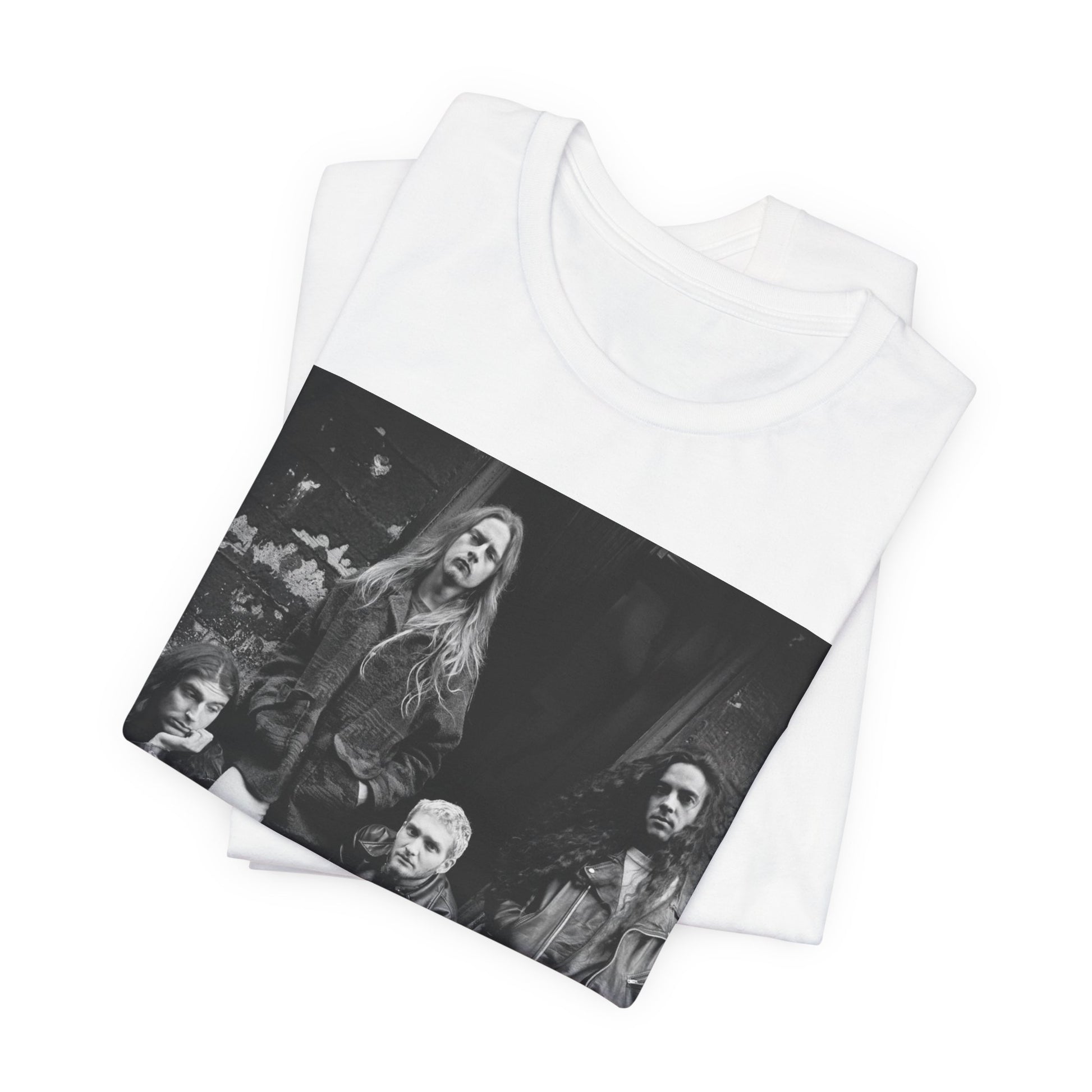 A black graphic t-shirt featuring a 90s black and white photographic portrait of the band Alice In Chains, capturing their iconic grunge look.