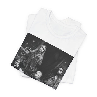 A black graphic t-shirt featuring a 90s black and white photographic portrait of the band Alice In Chains, capturing their iconic grunge look.