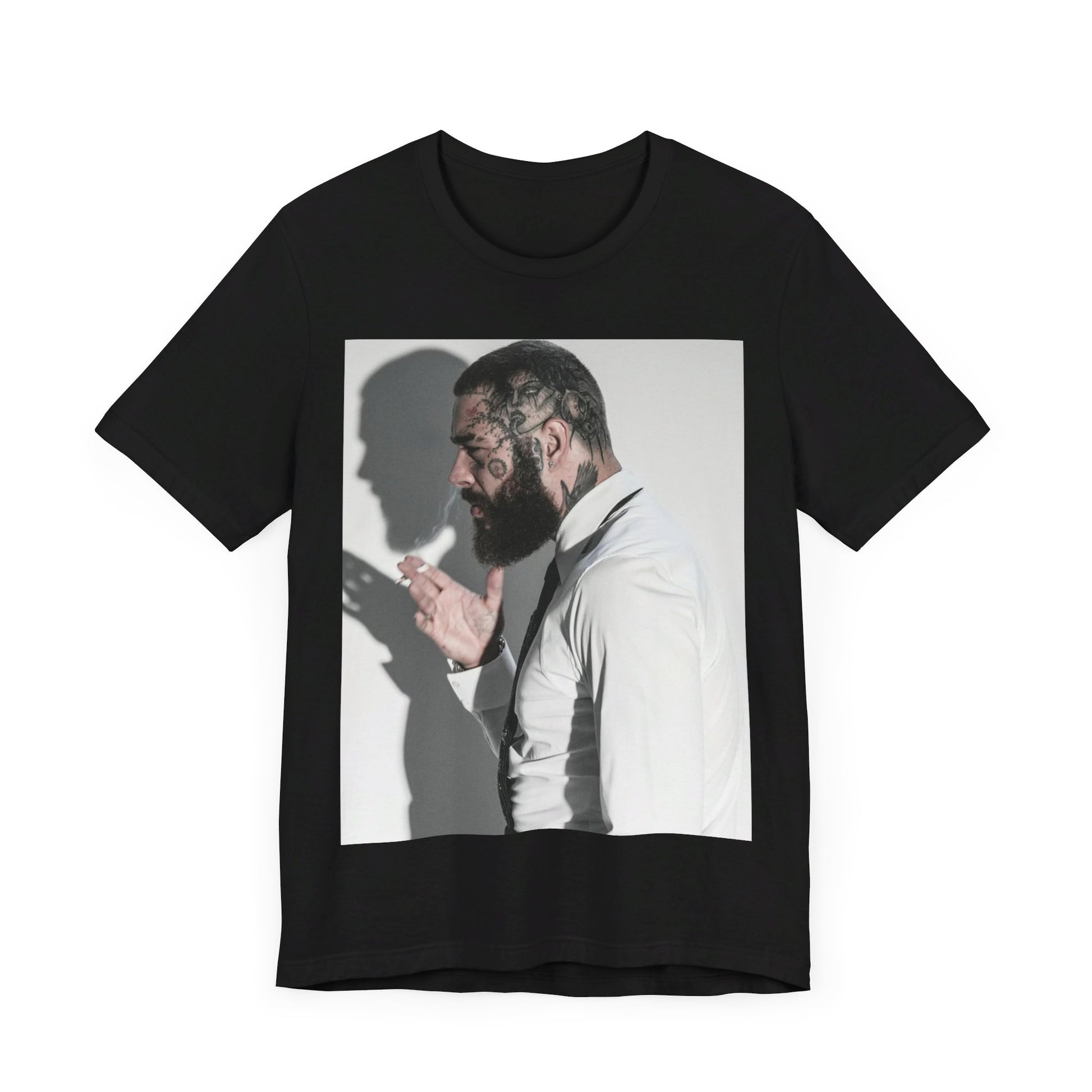 A black graphic t-shirt featuring a graphic of Post Malone with his classic face tattoos.