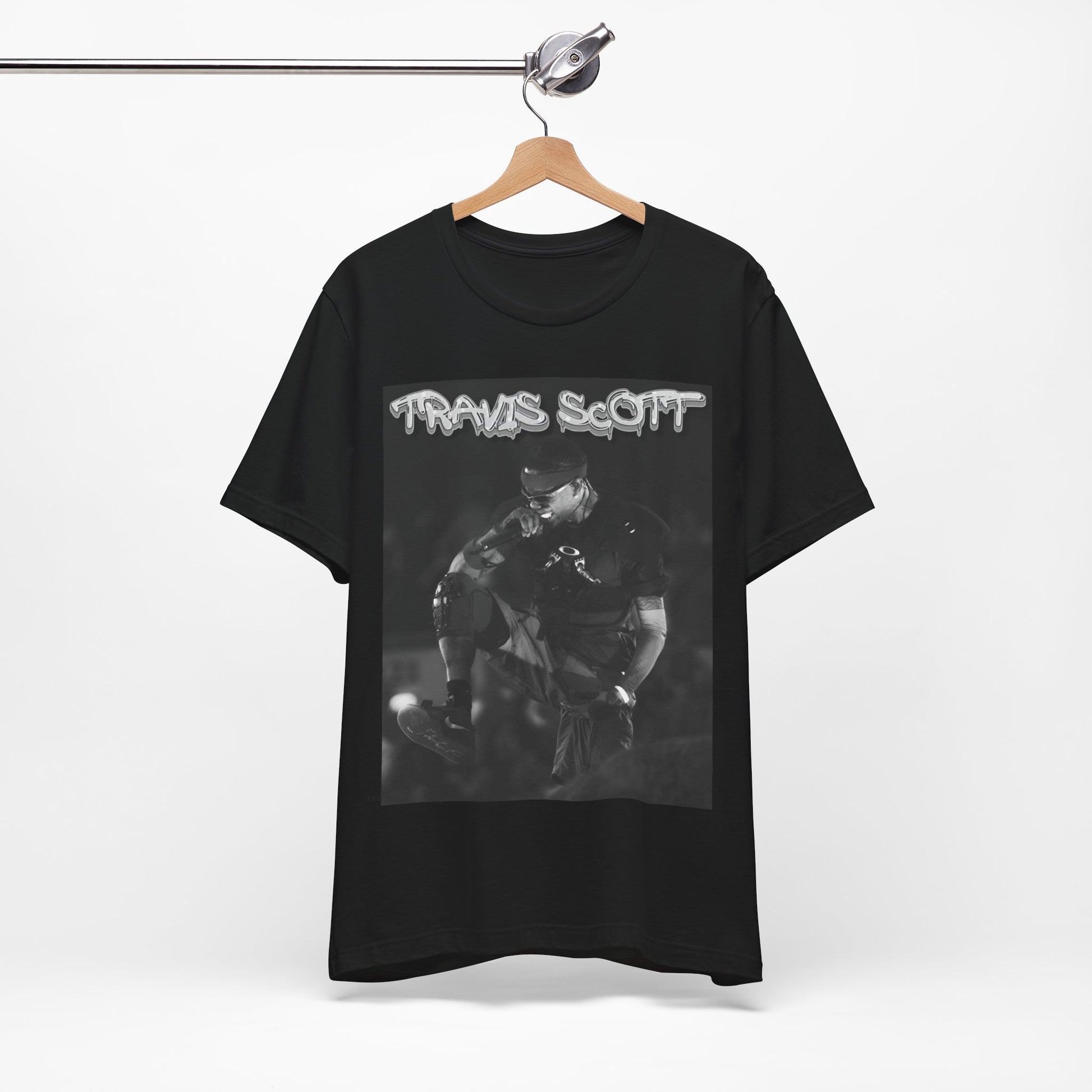 A black graphic t-shirt featuring a casual rap fan graphic of Travis Scott.