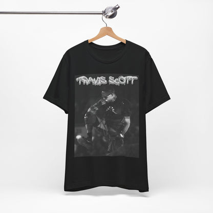 A black graphic t-shirt featuring a casual rap fan graphic of Travis Scott.