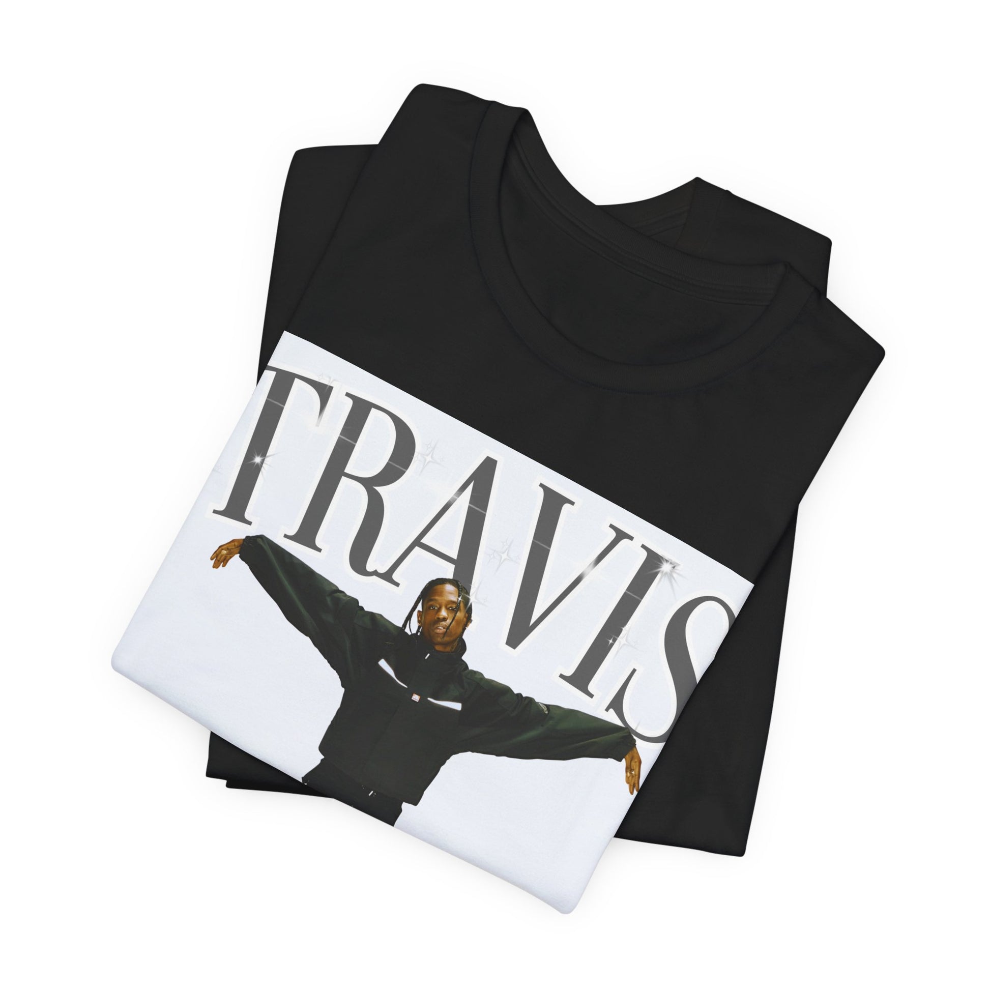 A black graphic t-shirt featuring a cool streetwear icon graphic of Travis Scott.