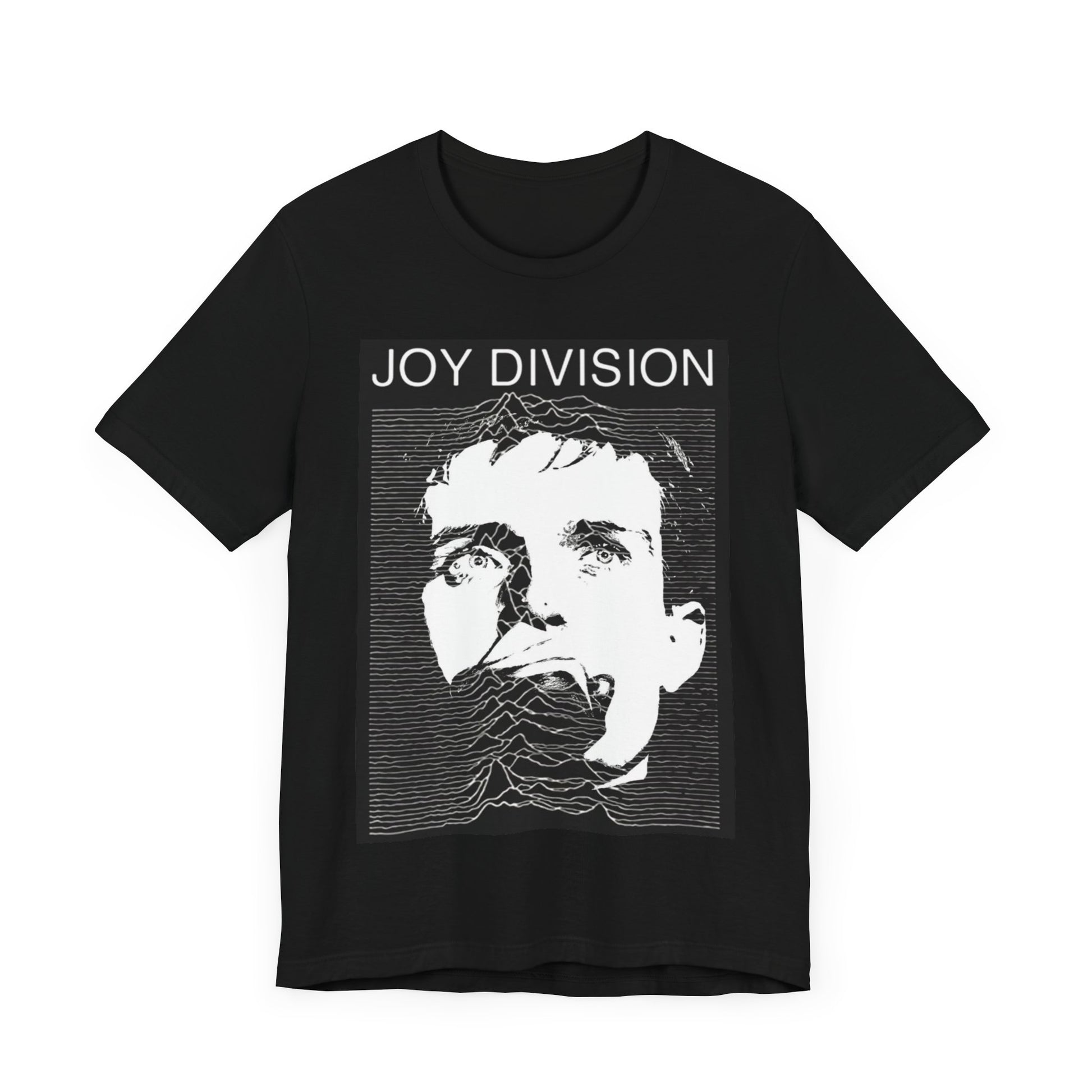 A black graphic t-shirt featuring iconic album art graphic of Joy Division.