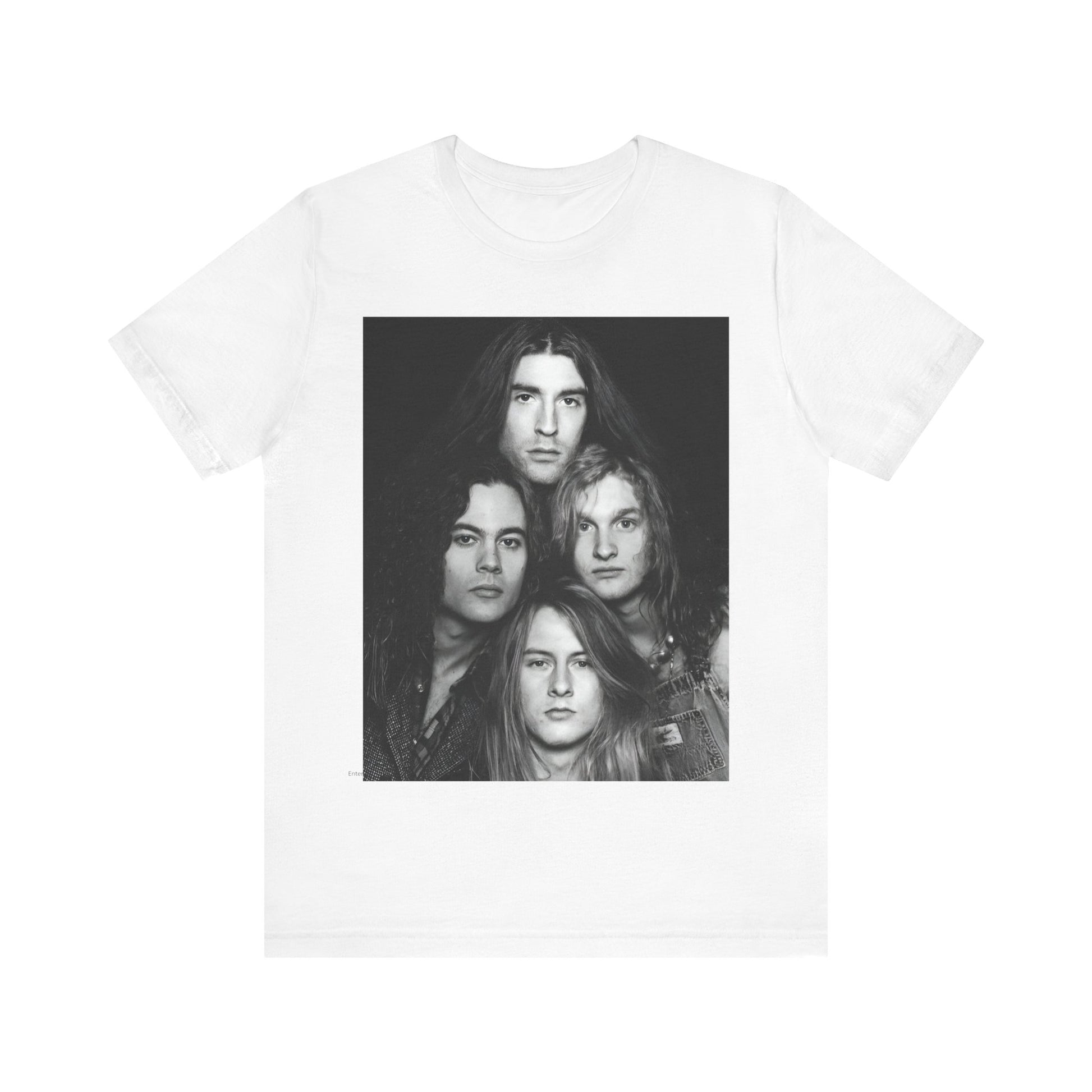 A black graphic t-shirt featuring a black and white graphic related to Alice In Chains' 90s 'Facelift' album era, possibly with band members in a stylized design.