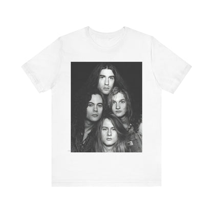 A black graphic t-shirt featuring a black and white graphic related to Alice In Chains' 90s 'Facelift' album era, possibly with band members in a stylized design.