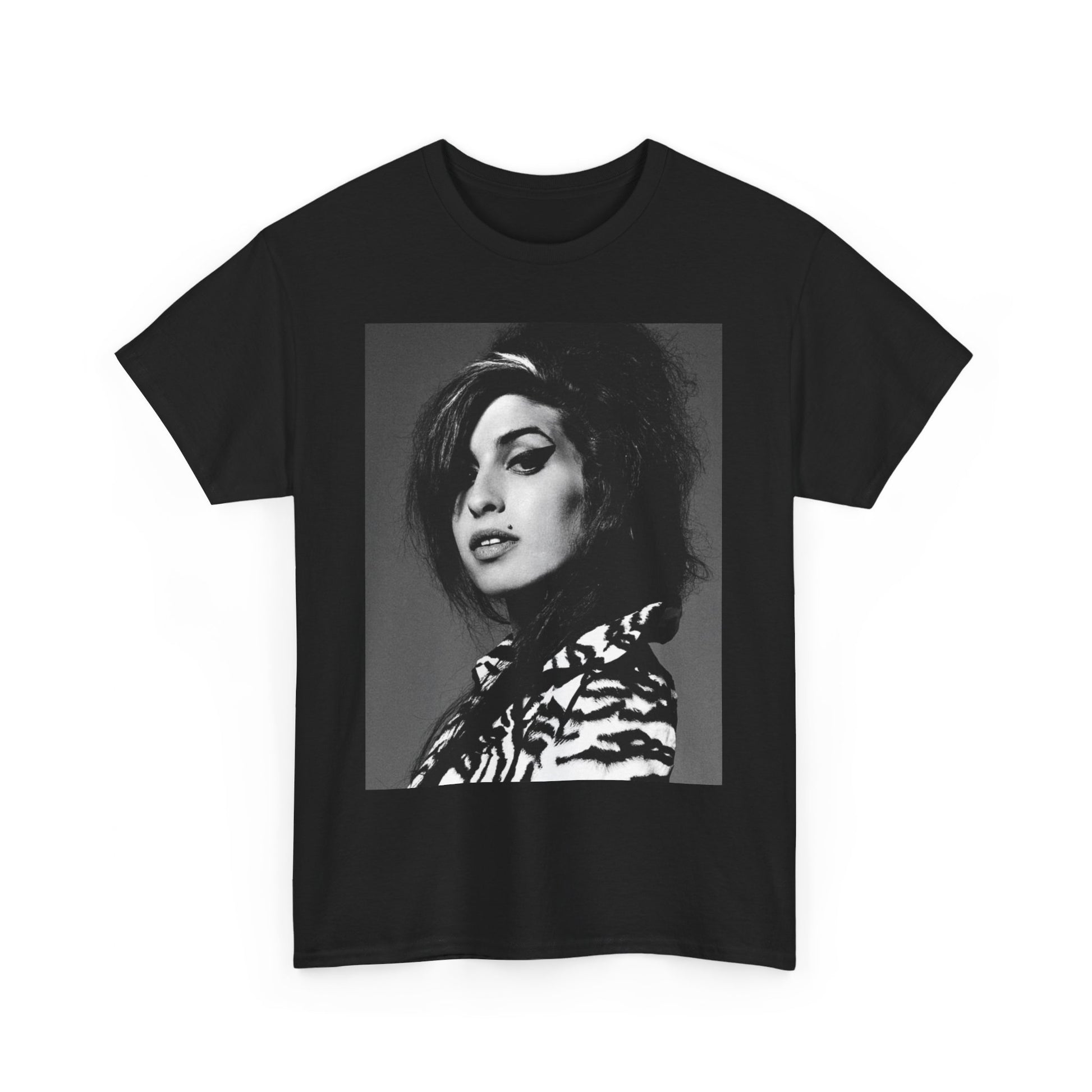A black graphic t-shirt featuring a black and white portrait photo of Amy Winehouse from 2006, showing her with her signature beehive.
