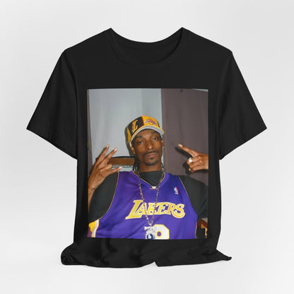 A black graphic t-shirt featuring a graphic of Snoop Dogg with Lakers branding or colors.
