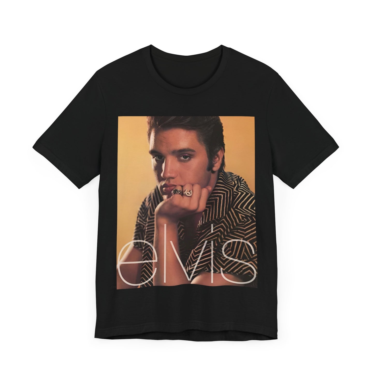 A black graphic t-shirt featuring an aesthetic photo portrait of Elvis Presley.