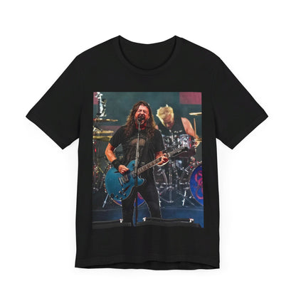 A black graphic t-shirt featuring a graphic of Foo Fighters as stadium rockstars.