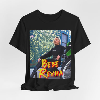 A black graphic t-shirt featuring a vintage pop aesthetic graphic of Bebe Rexha.