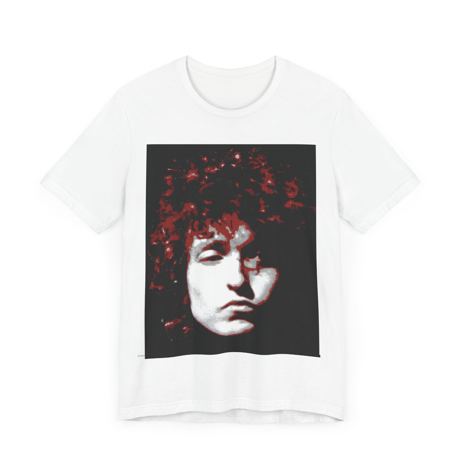 A black graphic t-shirt featuring a graphic related to Bob Dylan's 'Blood on the Tracks' album era, possibly with album art elements.