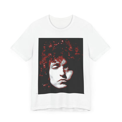 A black graphic t-shirt featuring a graphic related to Bob Dylan's 'Blood on the Tracks' album era, possibly with album art elements.