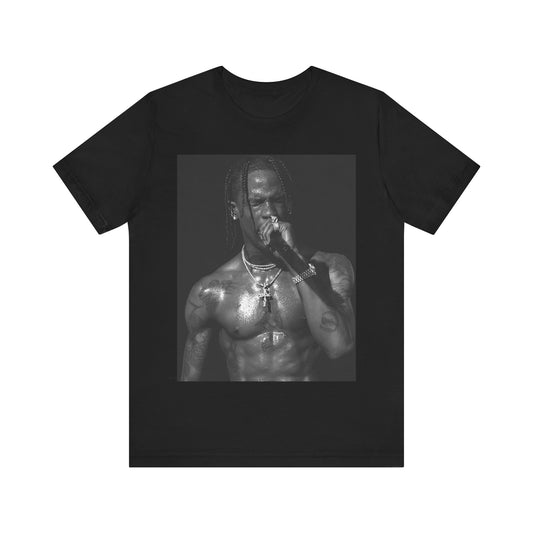 A black graphic t-shirt featuring an underground hip hop graphic of Travis Scott.