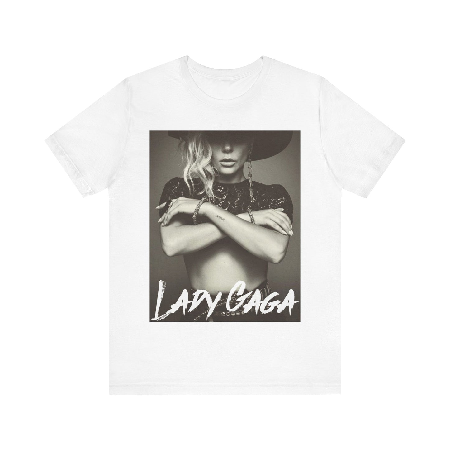 A black graphic t-shirt featuring a bold graphic of Lady Gaga as a pop superstar.