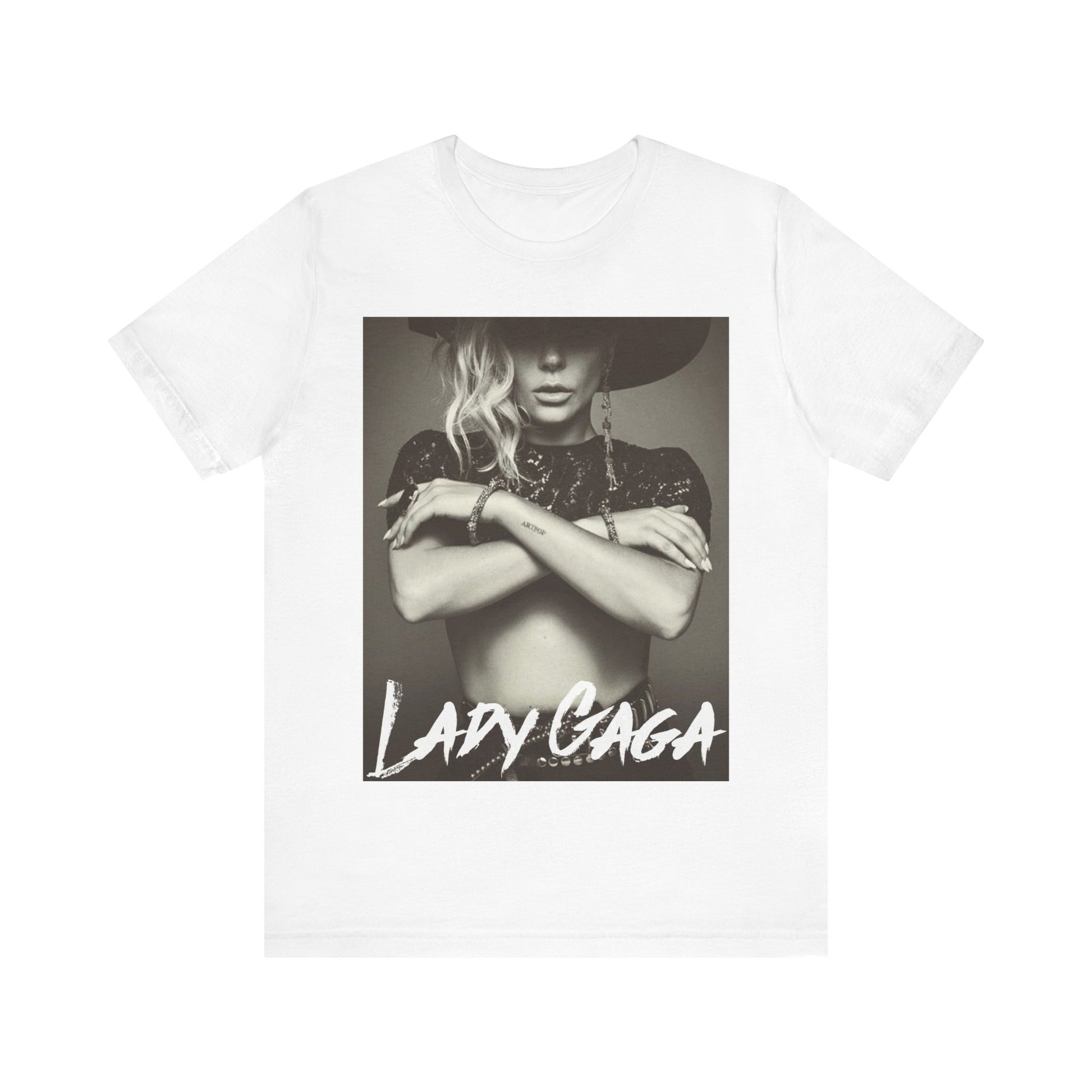 A black graphic t-shirt featuring a bold graphic of Lady Gaga as a pop superstar.