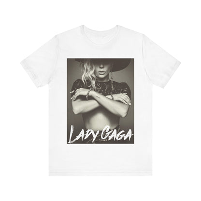 A black graphic t-shirt featuring a bold graphic of Lady Gaga as a pop superstar.