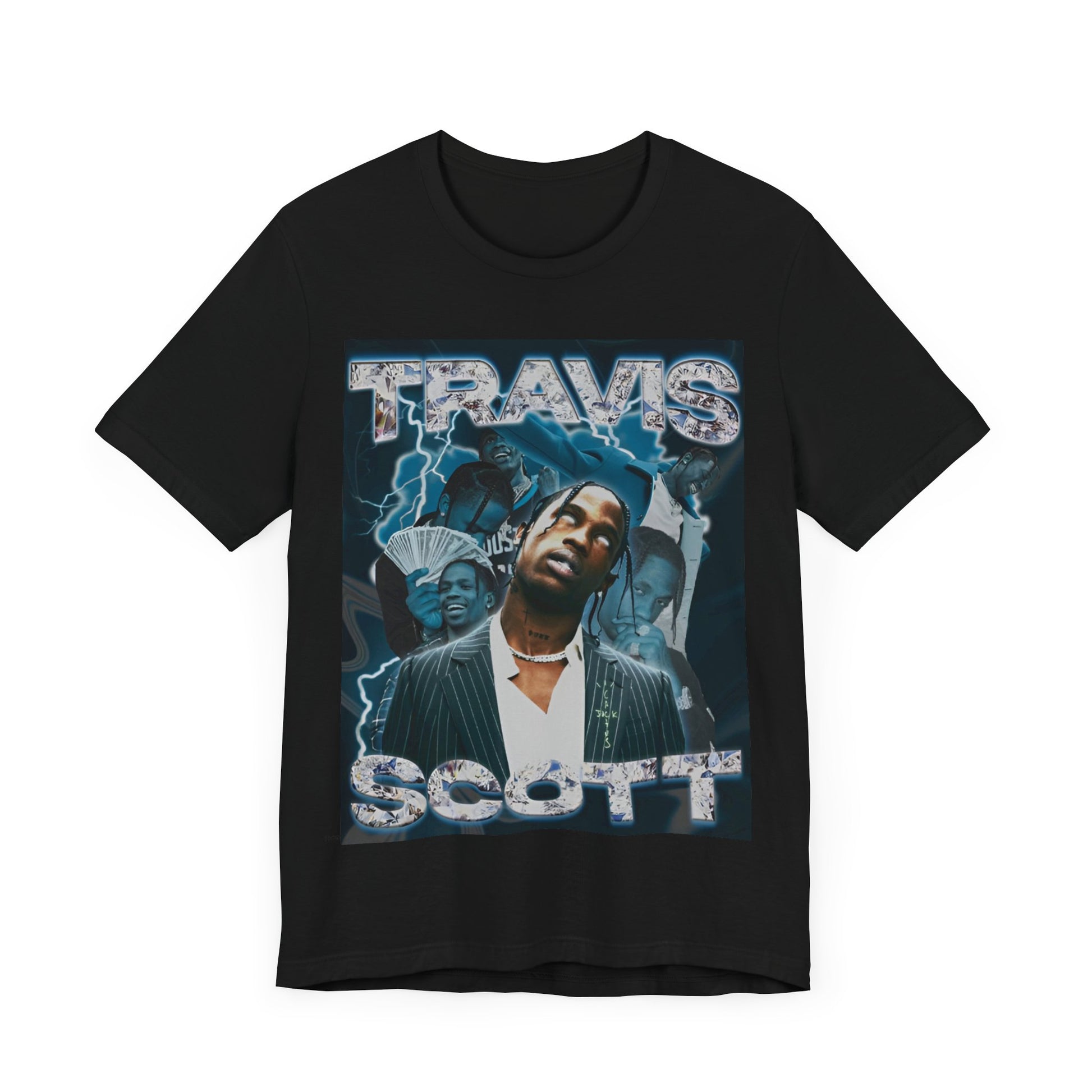 A black graphic t-shirt featuring a 90s bootleg style graphic of Travis Scott.