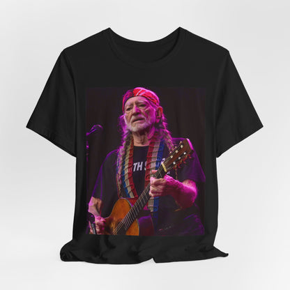 A black graphic t-shirt featuring an outlaw country legend graphic of Willie Nelson.