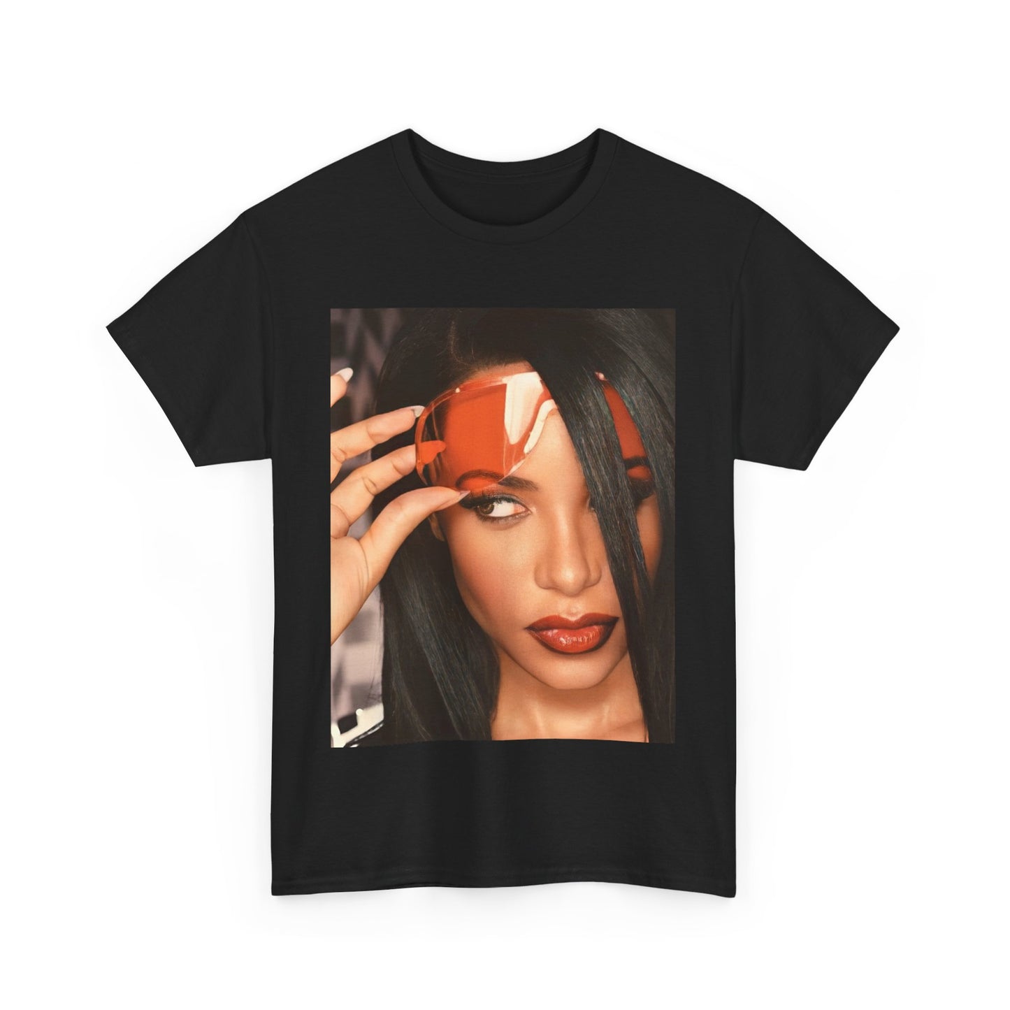 A black graphic t-shirt featuring a 90s hip hop tribute graphic of Aaliyah.
