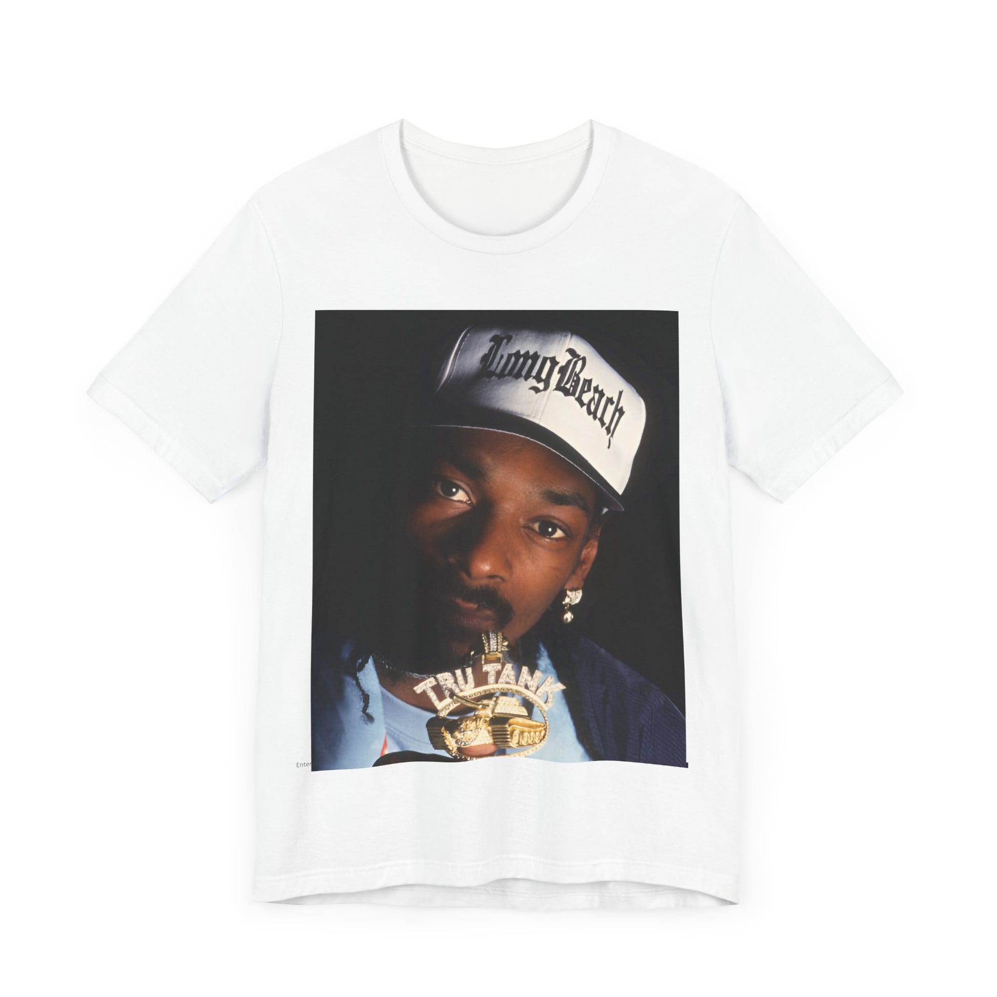 A black graphic t-shirt featuring a graphic of Snoop Dogg as a powerhouse OG rapper.