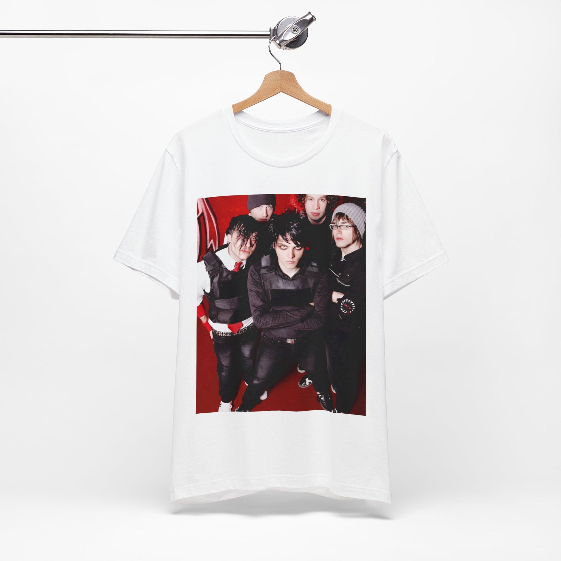 A black graphic t-shirt featuring a boxy graphic related to My Chemical Romance's 'Black Parade' album era.