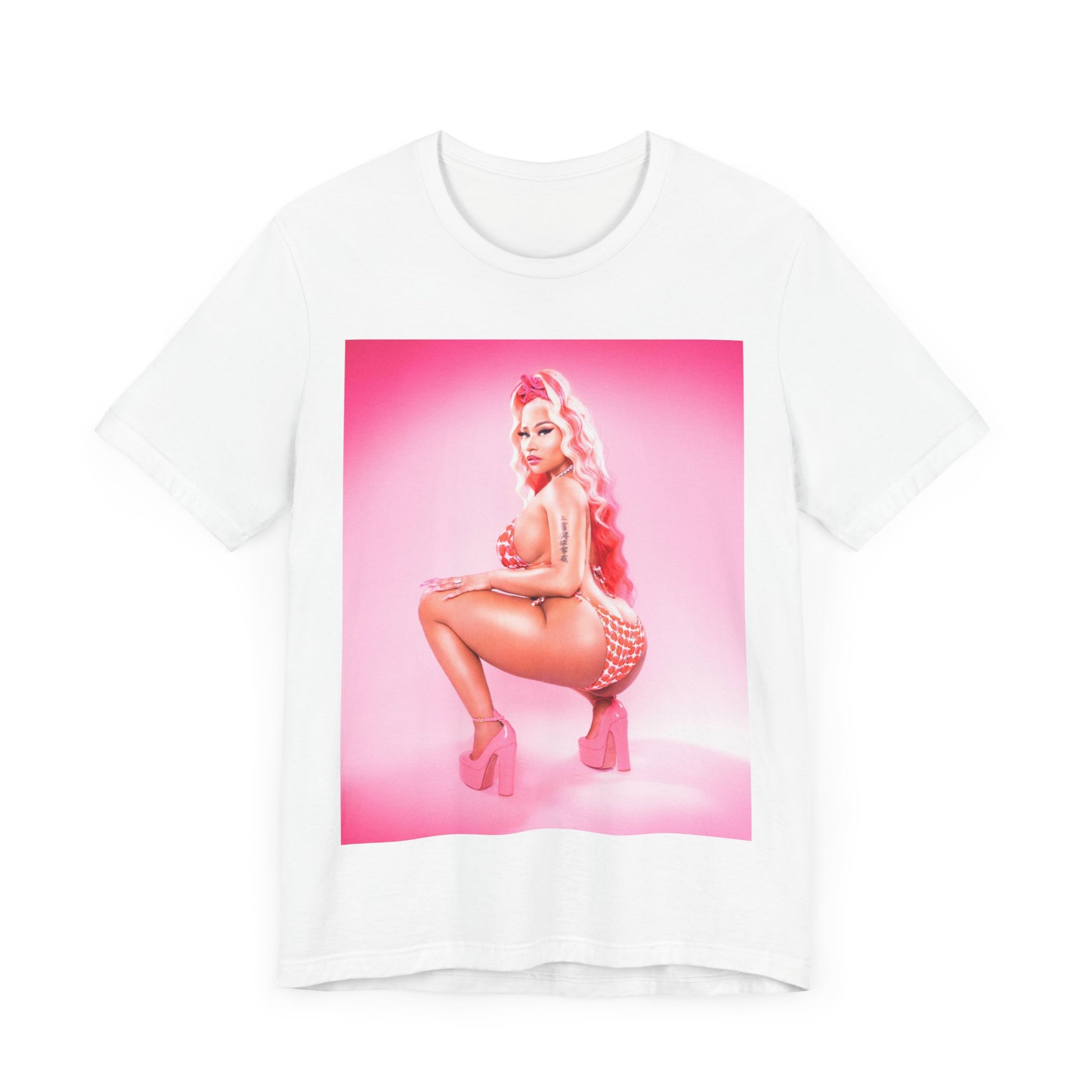 A black graphic t-shirt featuring a graphic related to Nicki Minaj's 'Anaconda' song or era.