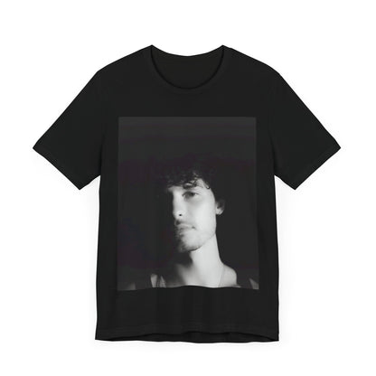 A black graphic t-shirt featuring a black and white portrait photo of Shawn Mendes.