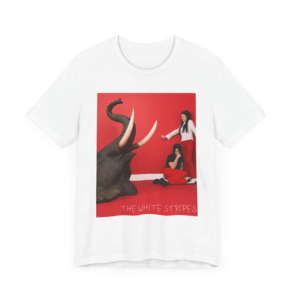 A black graphic t-shirt featuring a graphic related to The White Stripes' 'Elephant' album.