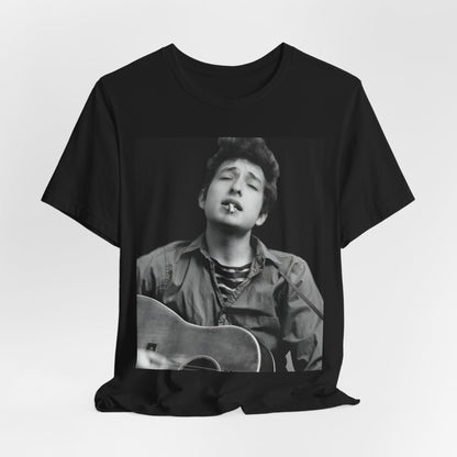 A black graphic t-shirt featuring a photo of Bob Dylan with his acoustic guitar.