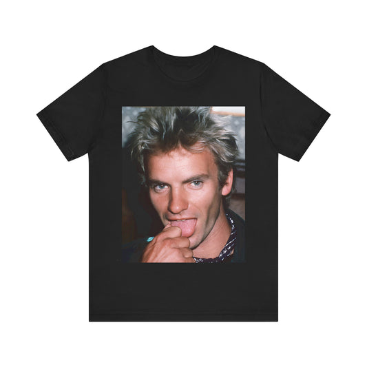 A black graphic t-shirt featuring an 80s new wave aesthetic graphic of Sting.