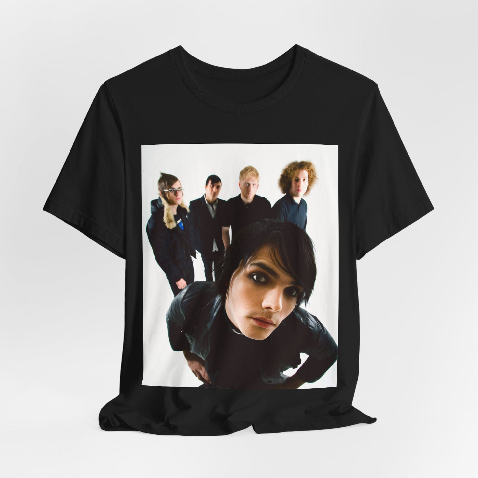 A black graphic t-shirt featuring a vintage emo revival graphic for My Chemical Romance.