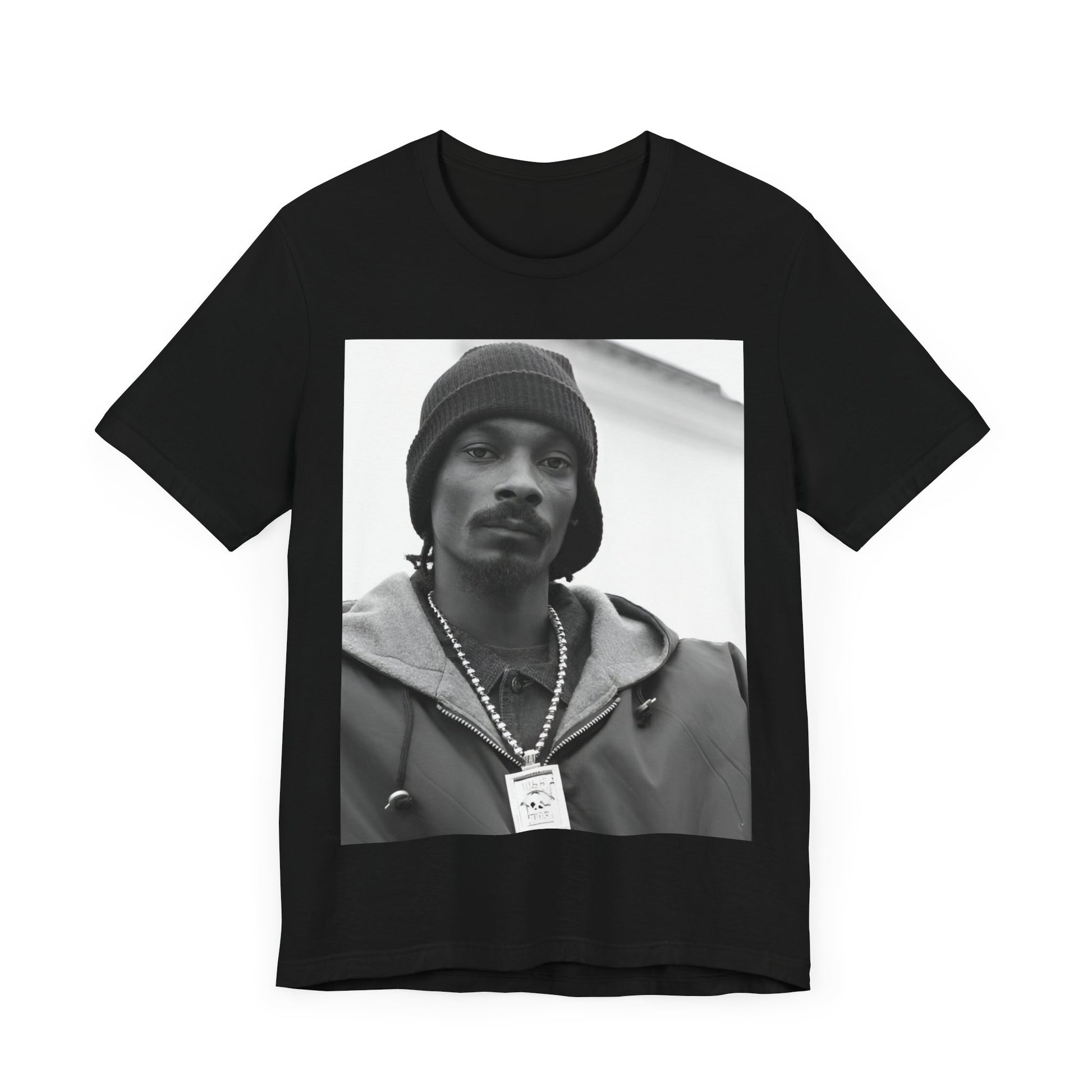 A black graphic t-shirt featuring a black and white, monochrome graphic of Snoop Dogg with an OG cool vibe.