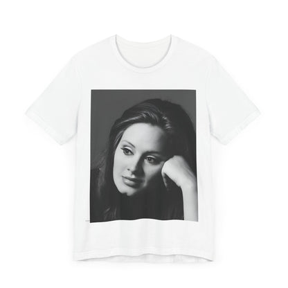 A black graphic t-shirt featuring a vintage-style black and white studio portrait of Adele, showing her with a poised and elegant expression.