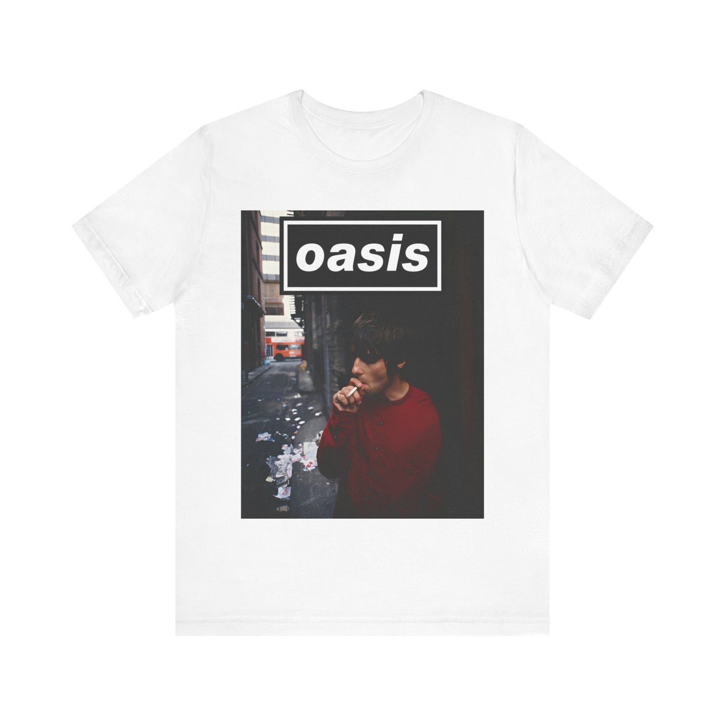 A black graphic t-shirt featuring a classic 90s rock and roll graphic of Oasis.