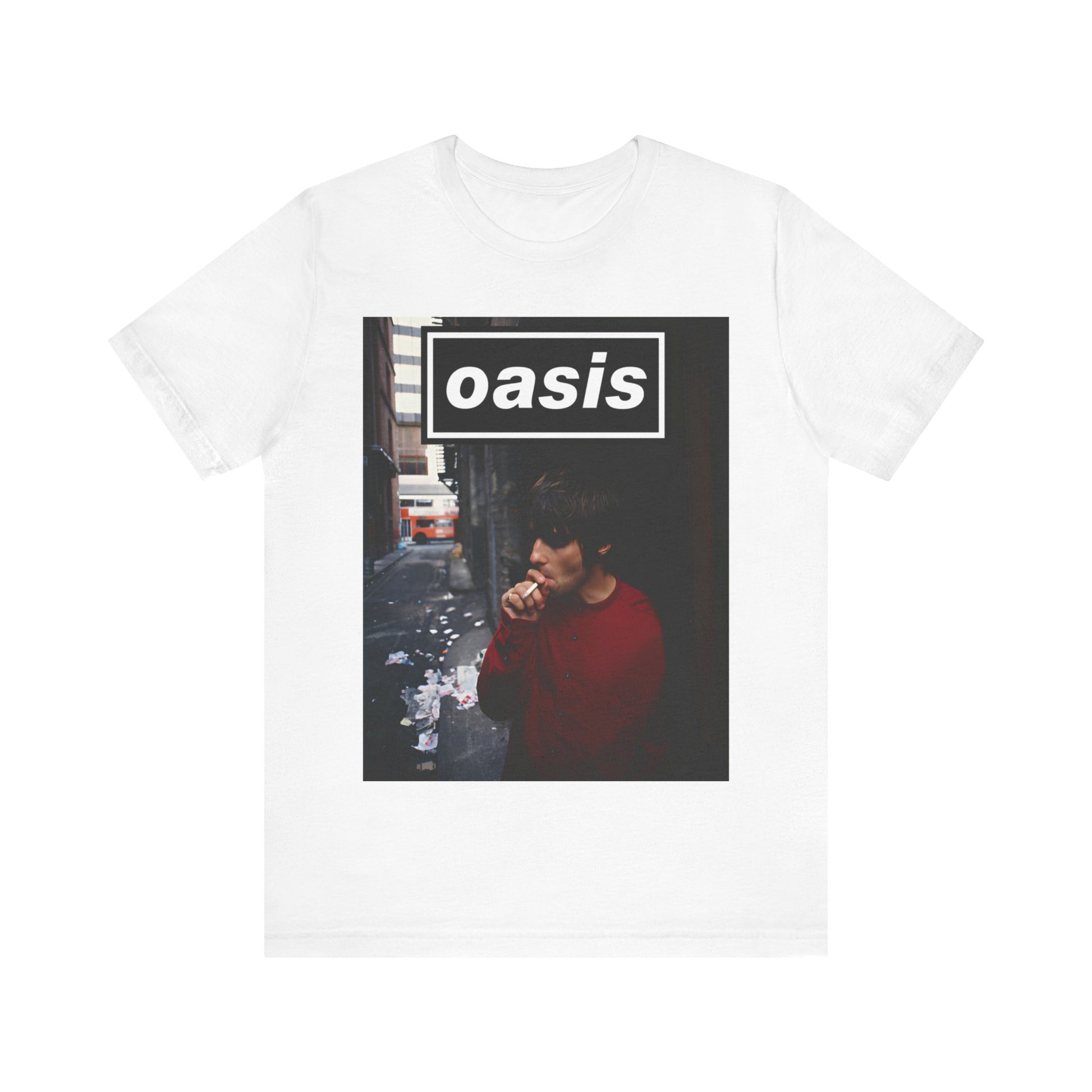 A black graphic t-shirt featuring a classic 90s rock and roll graphic of Oasis.