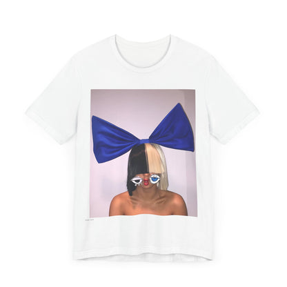 A black graphic t-shirt featuring a graphic of Sia with her iconic wig, in an aesthetic style.