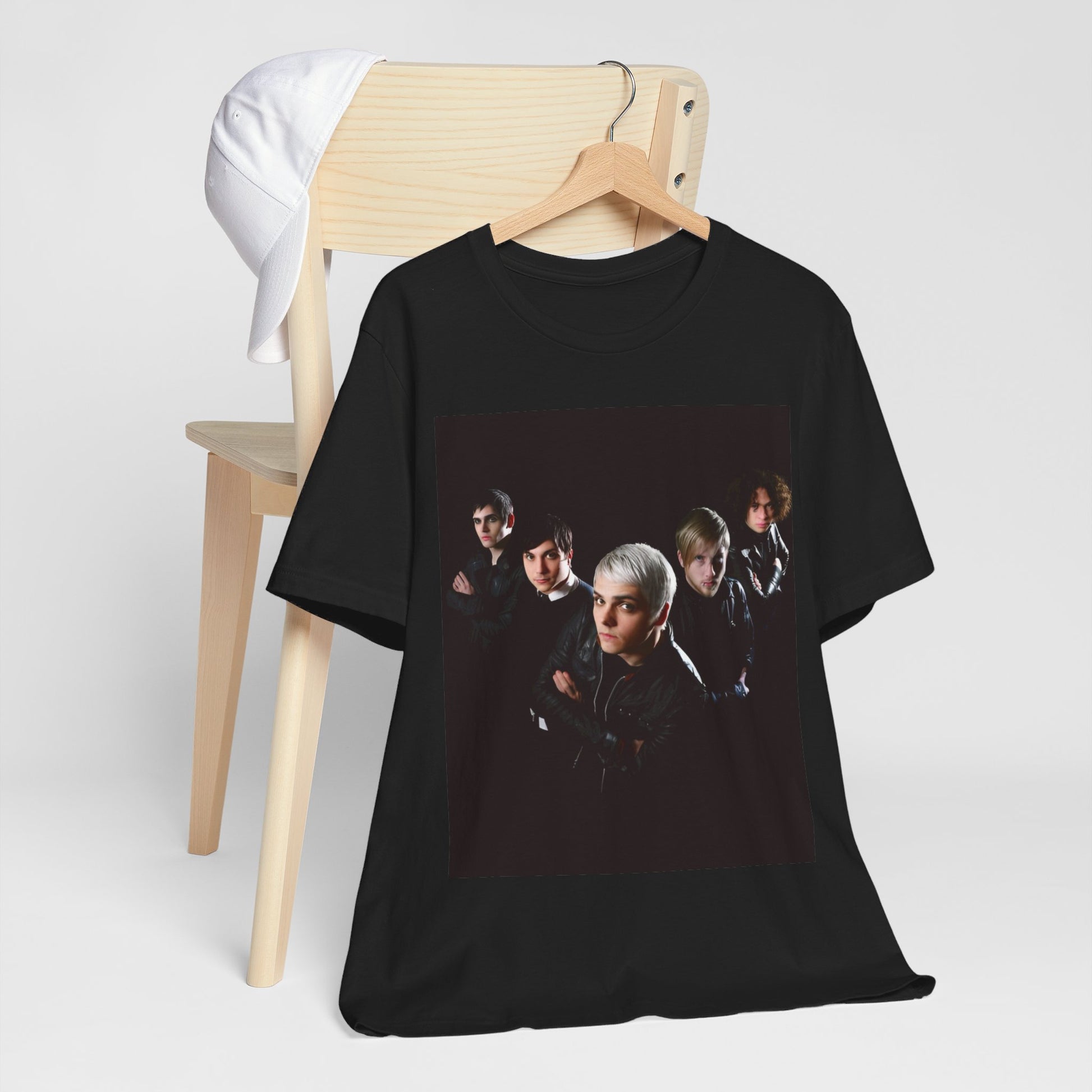 A black graphic t-shirt featuring a modern rock graphic of My Chemical Romance.