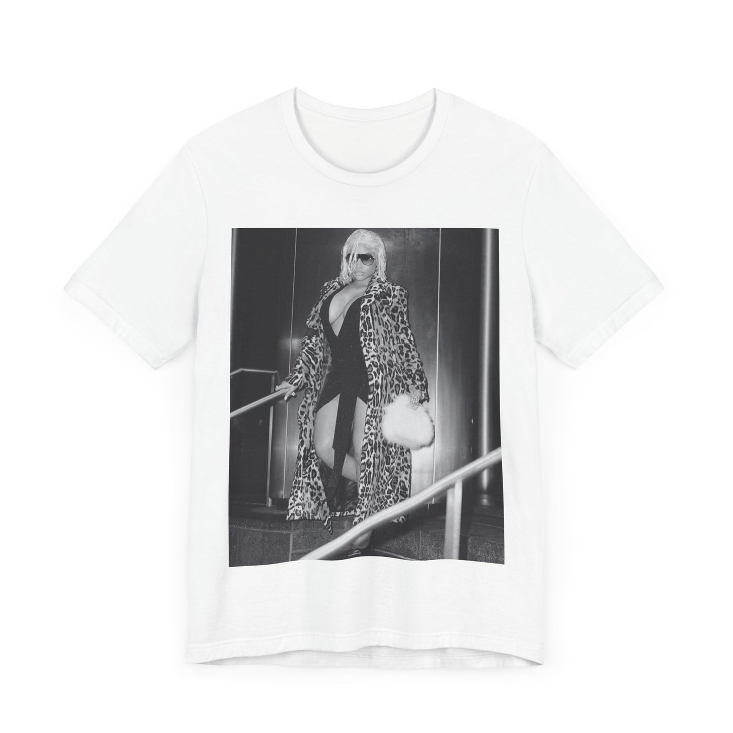 A black graphic t-shirt featuring a black and white glam aesthetic graphic of Nicki Minaj.