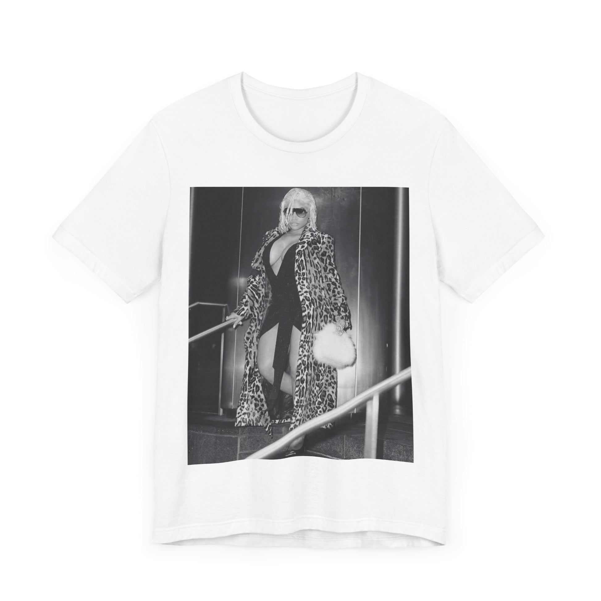 A black graphic t-shirt featuring a black and white glam aesthetic graphic of Nicki Minaj.