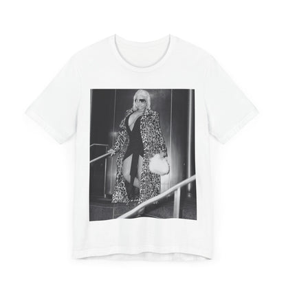 A black graphic t-shirt featuring a black and white glam aesthetic graphic of Nicki Minaj.