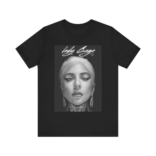 A black graphic t-shirt featuring a retro black and white monochrome graphic or photo of Lady Gaga.