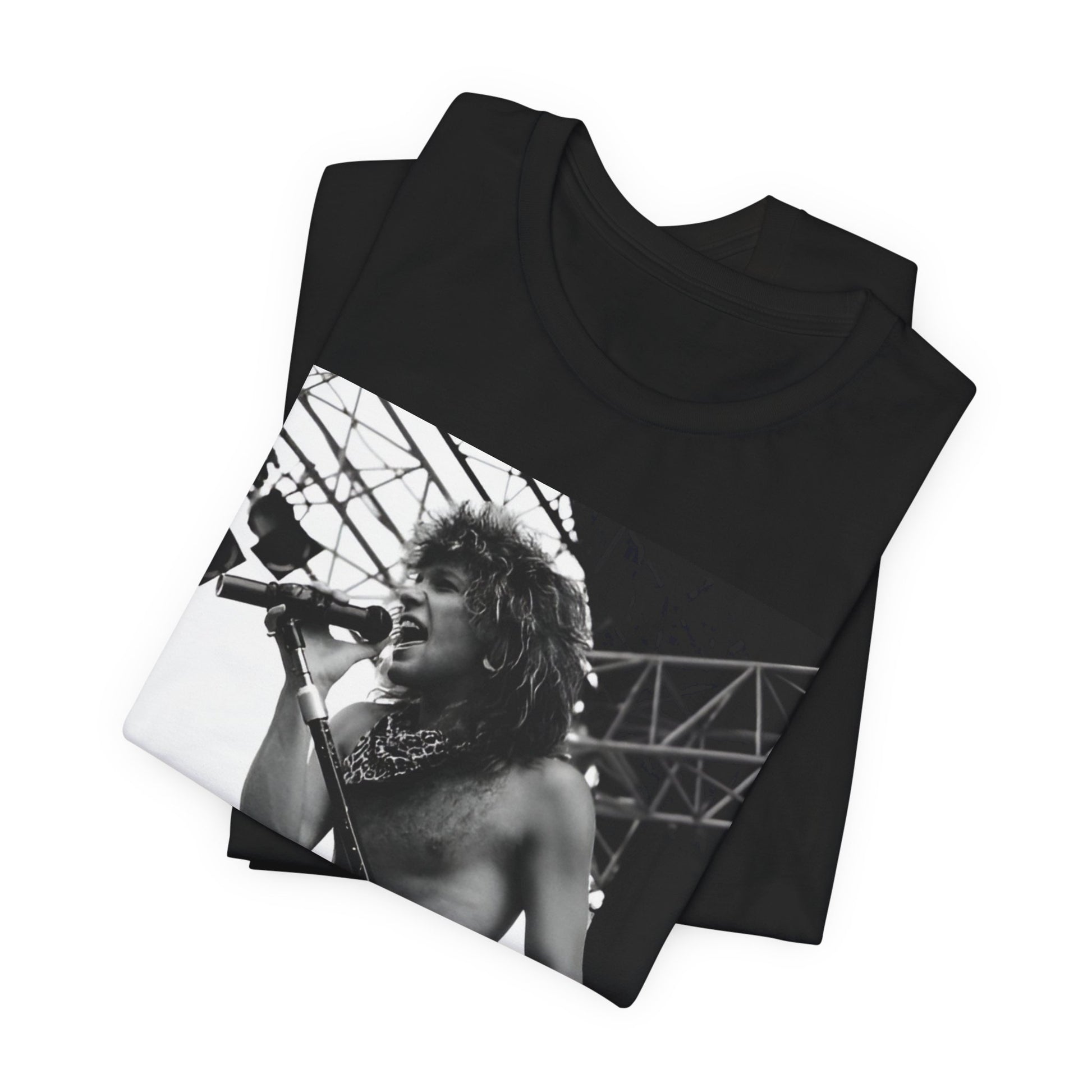 A black graphic t-shirt featuring a retro tour graphic for Bon Jovi's '88 tour.