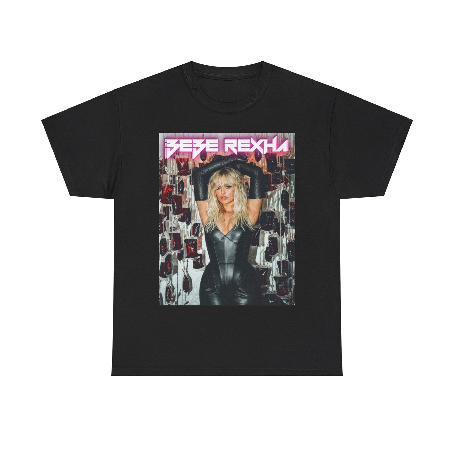 A black graphic t-shirt featuring a photo of Bebe Rexha in a powerful pose, exuding confidence and charisma.