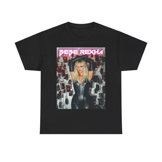 A black graphic t-shirt featuring a photo of Bebe Rexha in a powerful pose, exuding confidence and charisma.