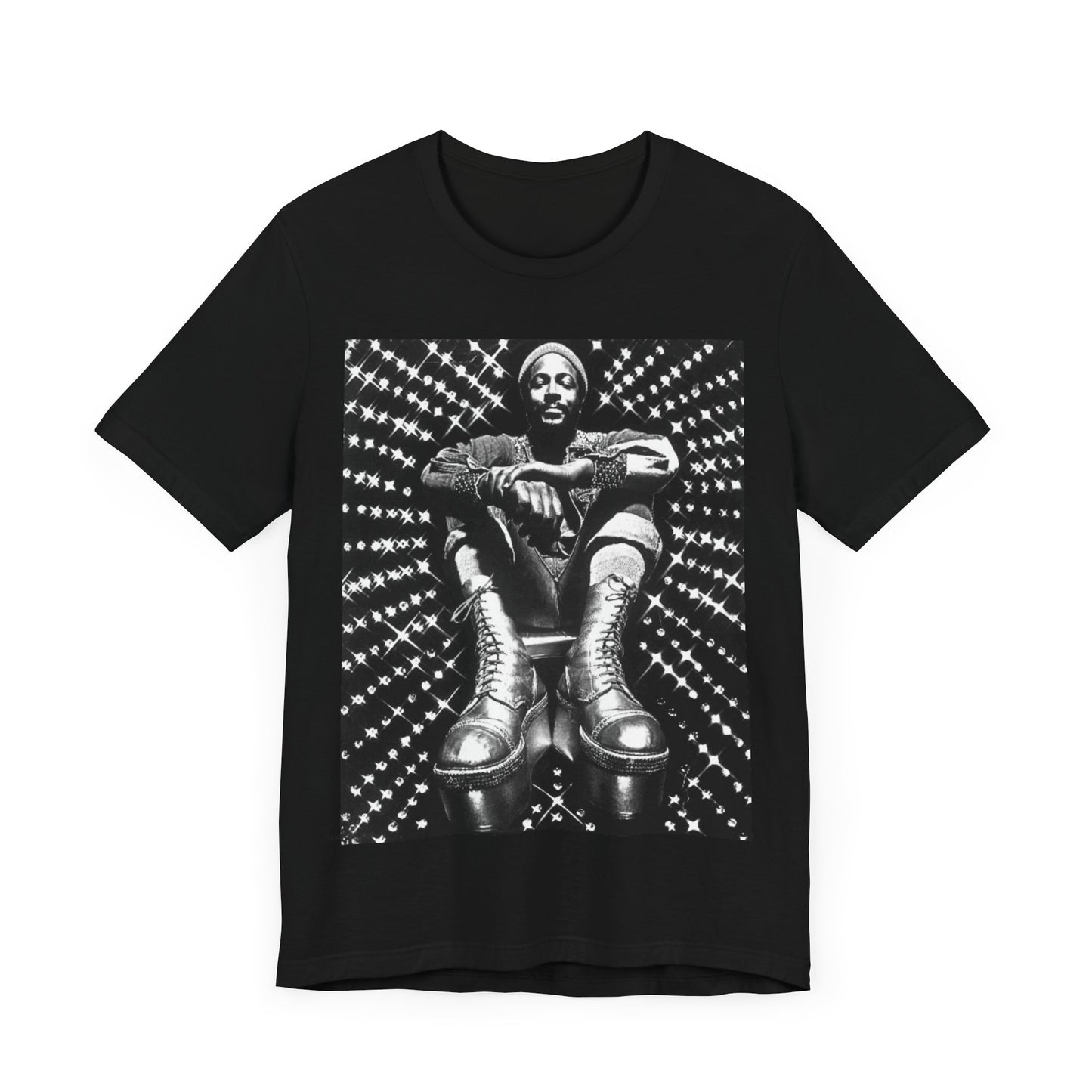 A black graphic t-shirt featuring a black and white vintage soul icon graphic of Marvin Gaye.